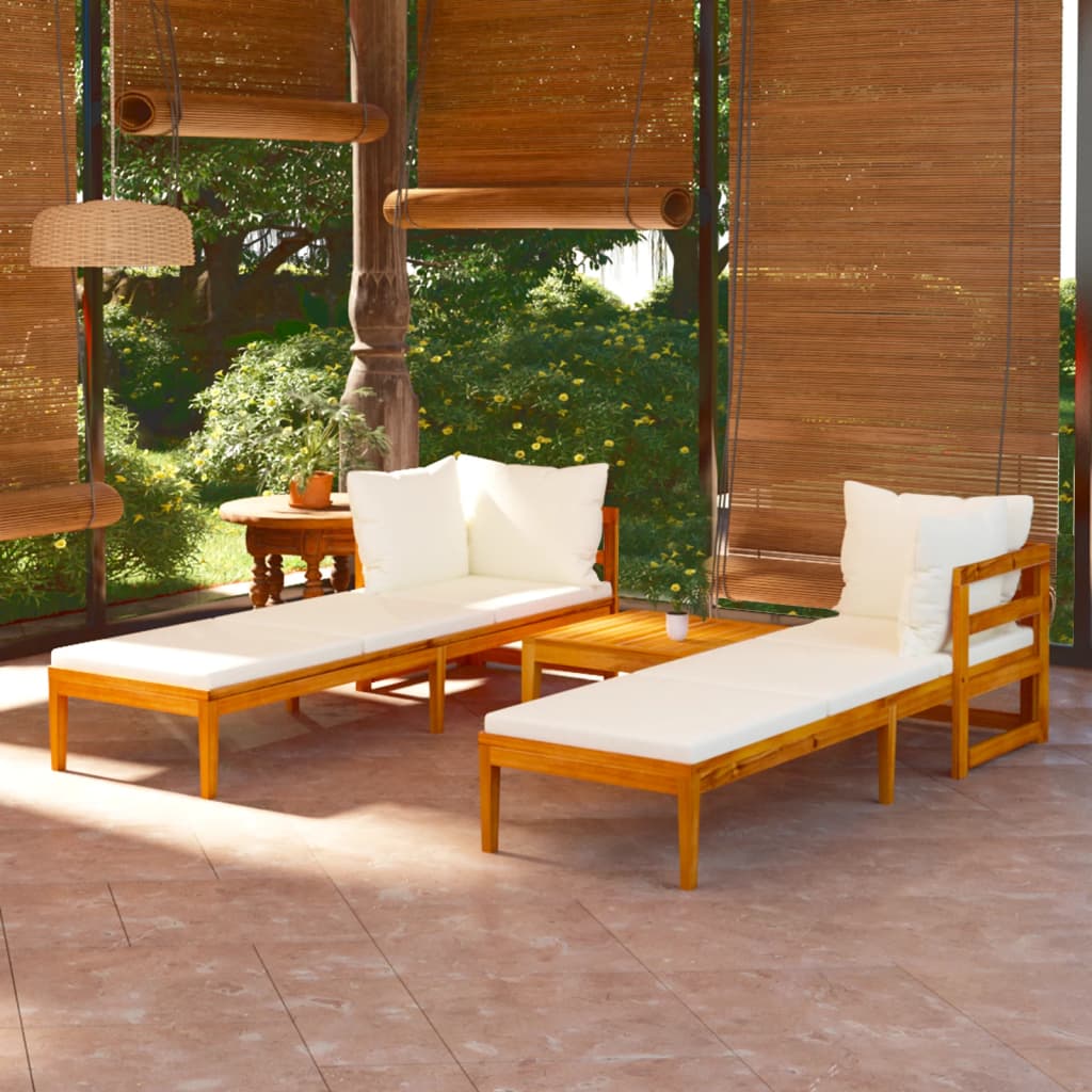 3 pcs conj. lounge de jardim c/ almofadões branco nata acácia