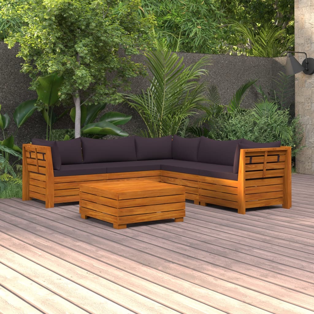 6 pcs conjunto lounge de jardim c/ almofadões acácia maciça