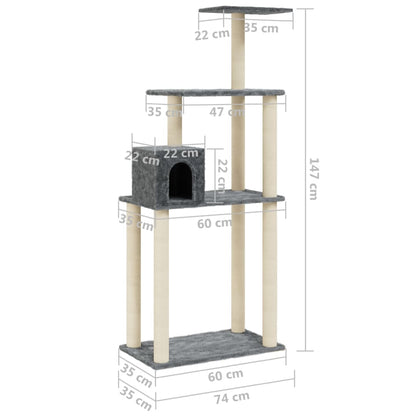 Árvore p/ gatos c/ postes arranhadores sisal 147cm cinza-escuro