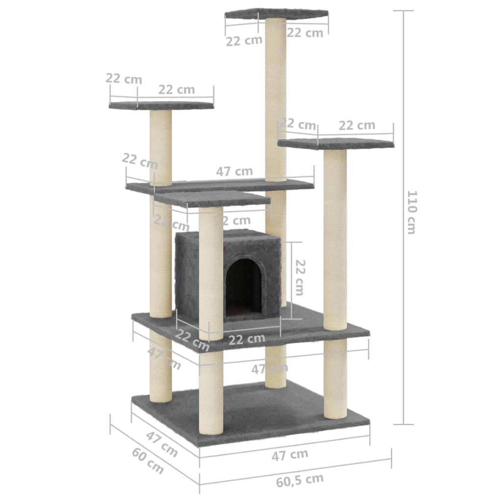 Árvore p/ gatos c/ postes arranhadores sisal 110cm cinza-escuro