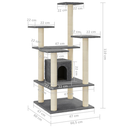 Árvore p/ gatos c/ postes arranhadores sisal 110cm cinza-escuro