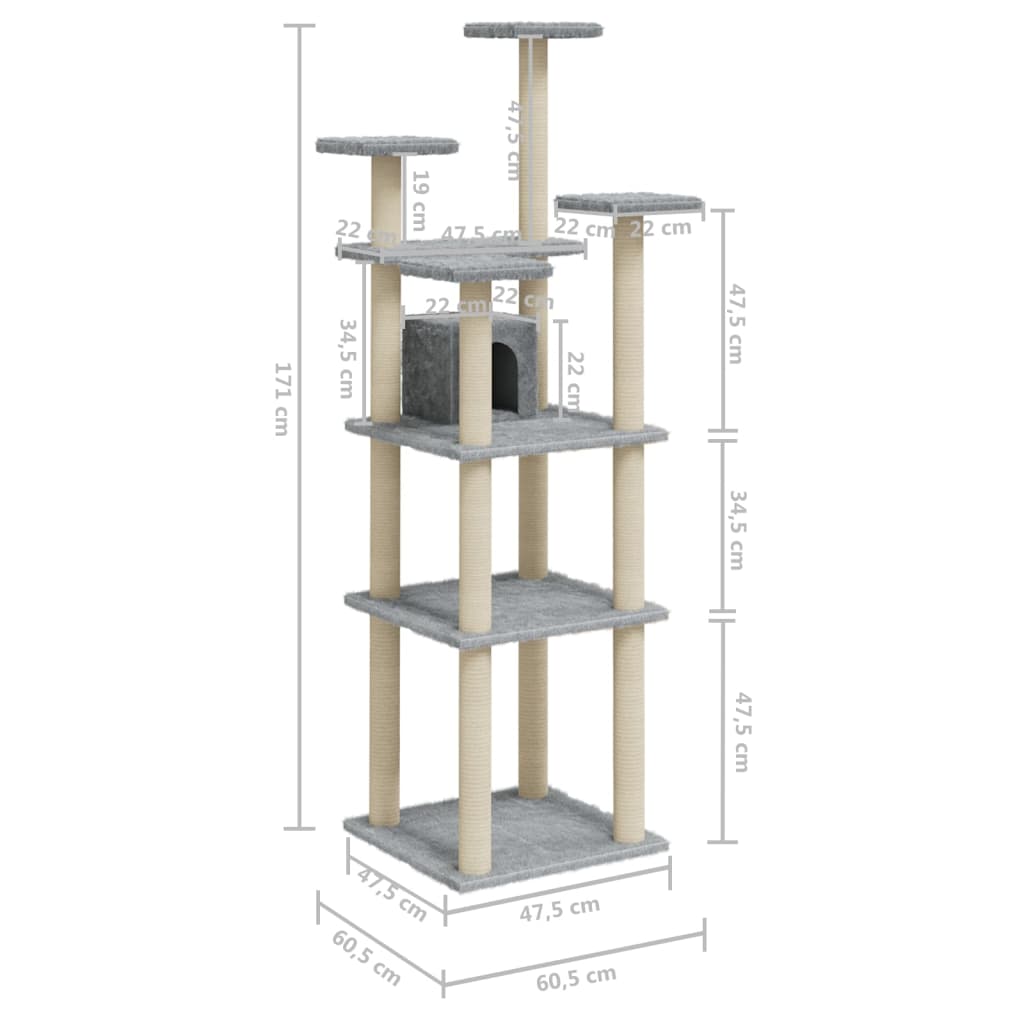 Árvore p/ gatos c/ postes arranhadores sisal 171 cm cinza-claro