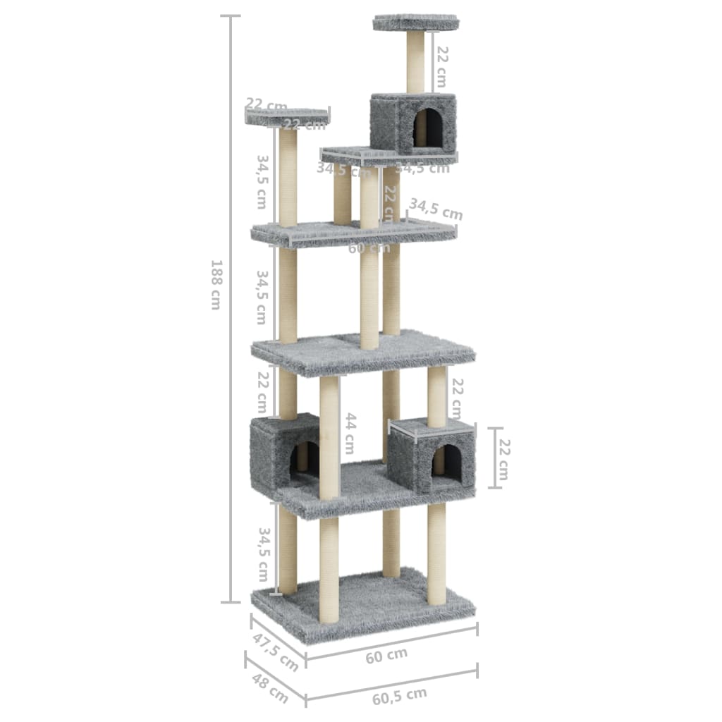 Árvore p/ gatos c/ postes arranhadores sisal 188 cm cinza-claro