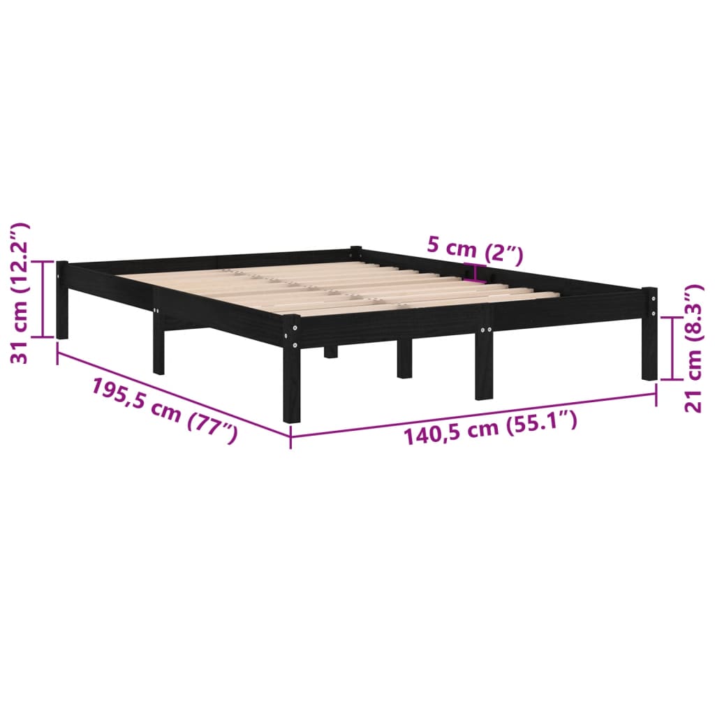 Estrutura de cama casal 135x190 cm madeira maciça preto