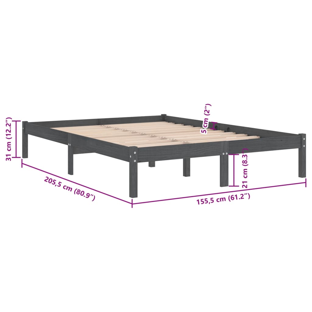 Estrutura de cama king 150x200 cm madeira maciça cinza