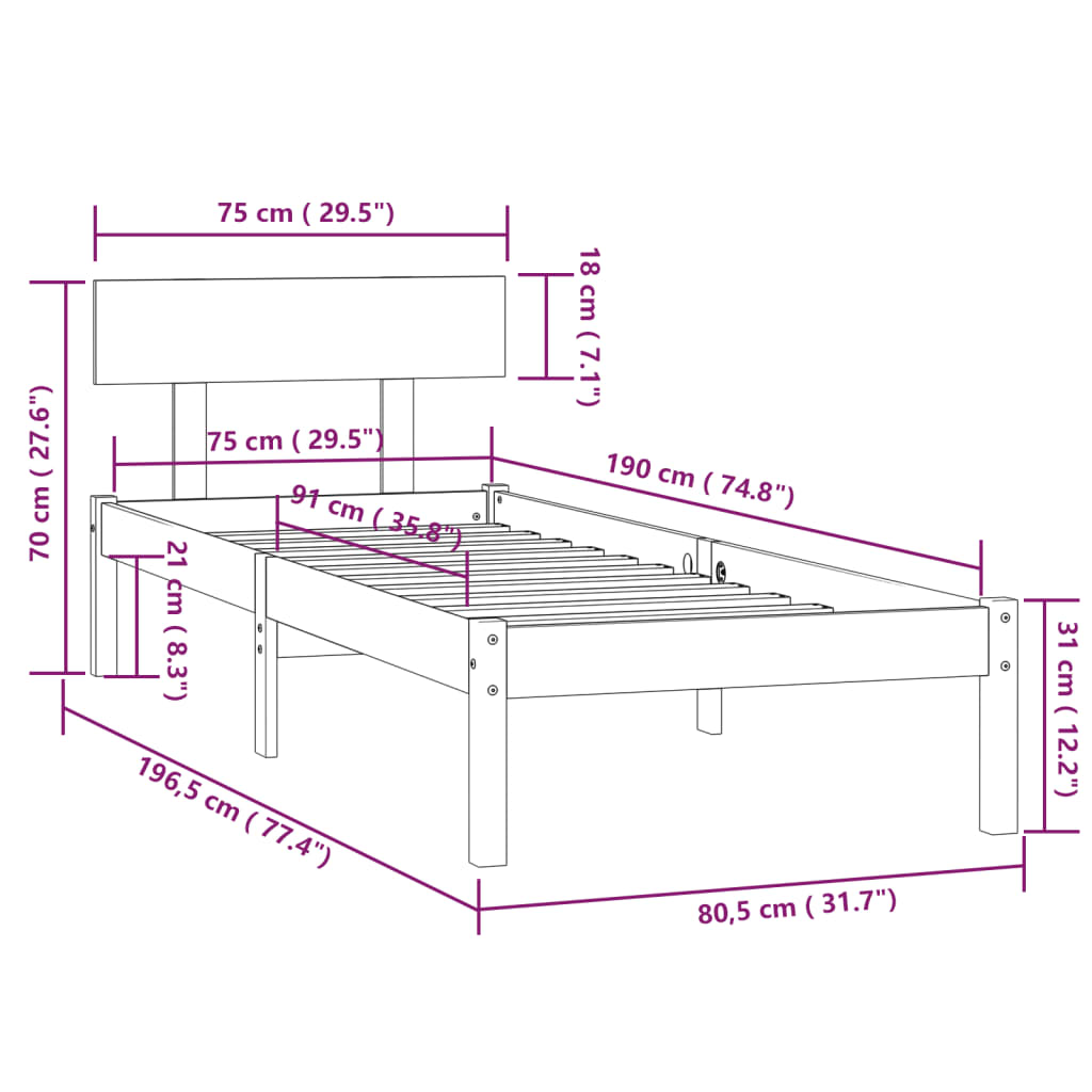 Estrutura de cama pequena solteiro UK 75x190 cm pinho maciço