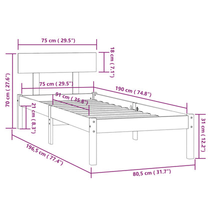 Estrutura de cama pequena solteiro UK 75x190 cm pinho maciço