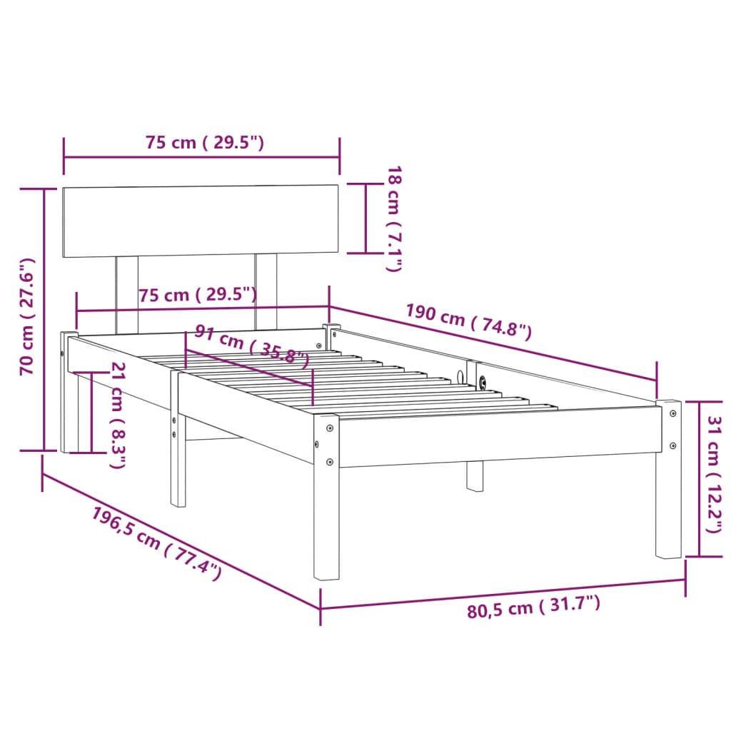 Estrutura cama pequena solteiro UK 75x190cm pinho maciço branco