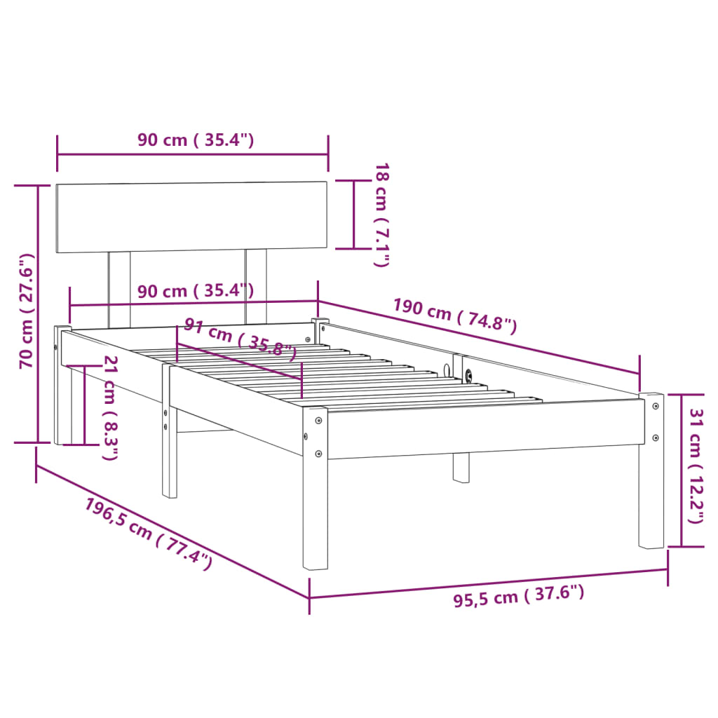 Estrutura de cama solteiro UK 90x190 cm pinho maciço cinza