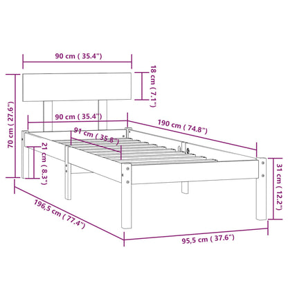 Estrutura cama solteiro UK 90x190 cm pinho maciço castanho-mel