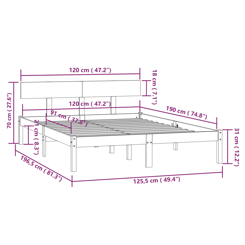 Estrutura cama pequena casal UK 120x190 cm pinho maciço preto