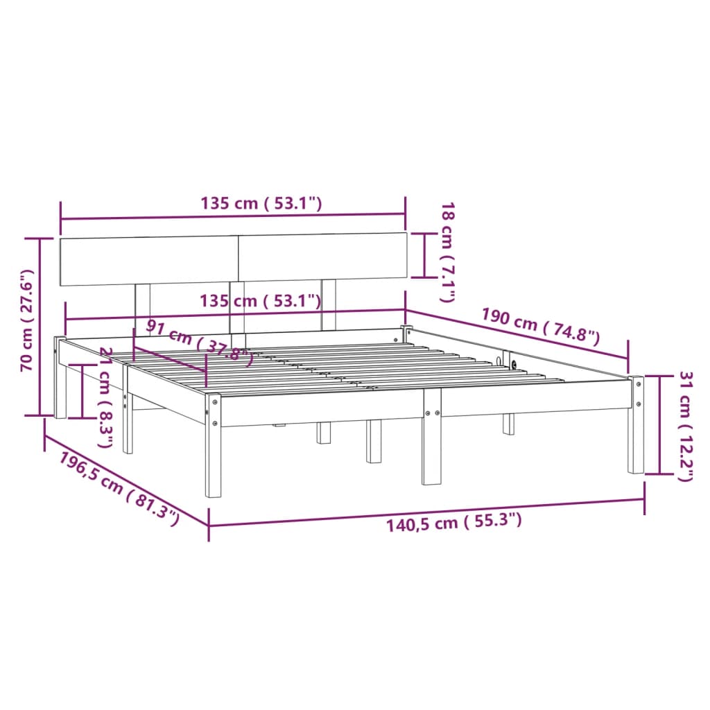 Estrutura de cama casal 135x190 cm pinho maciço