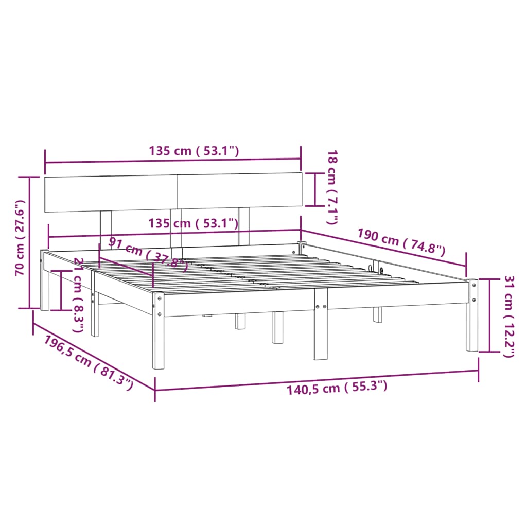 Estrutura de cama casal 135x190 cm pinho maciço branco