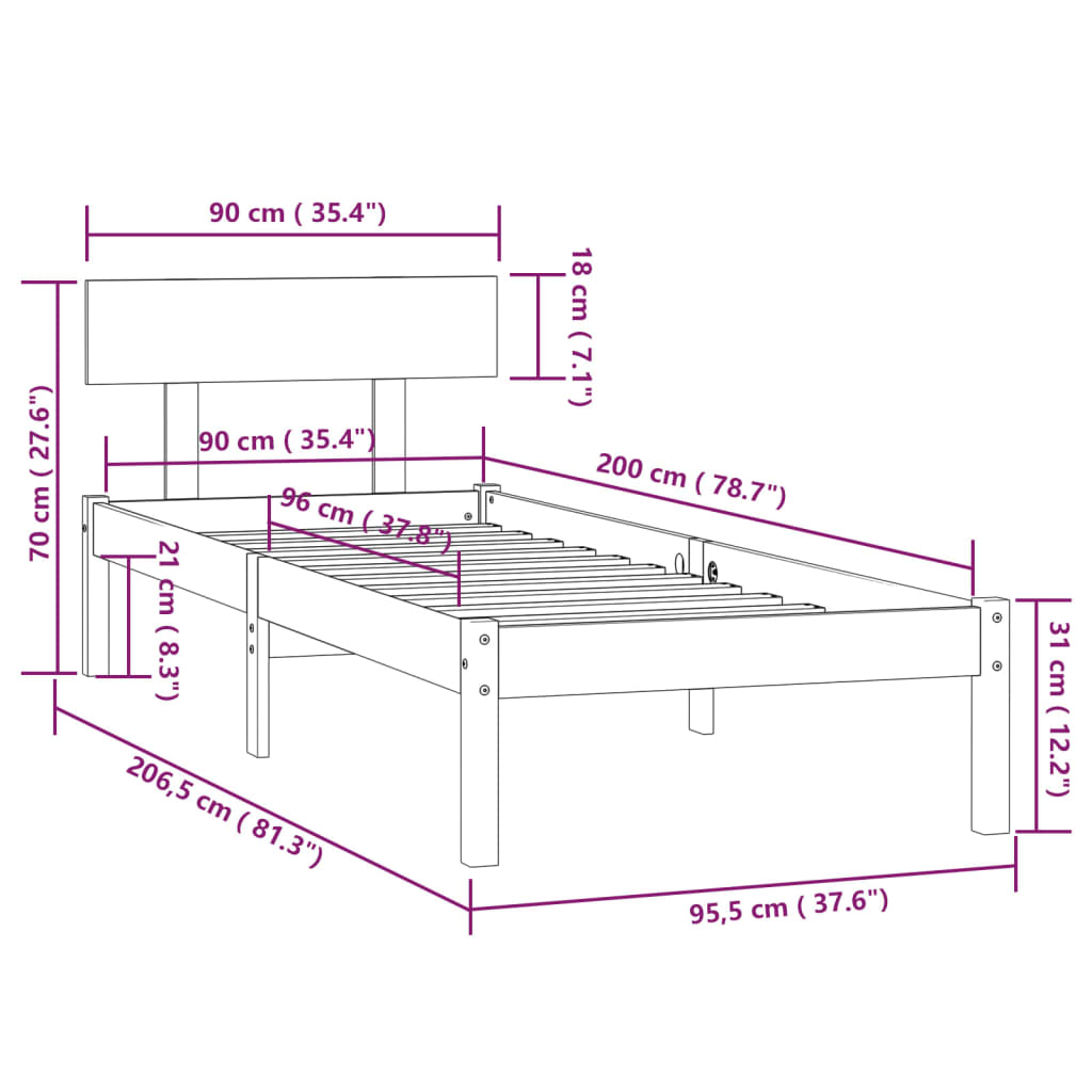 Estrutura de cama 90x200 cm pinho maciço branco