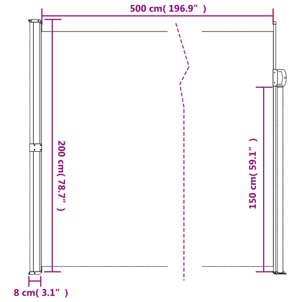 Toldo lateral retrátil para pátio 140x500 cm castanho