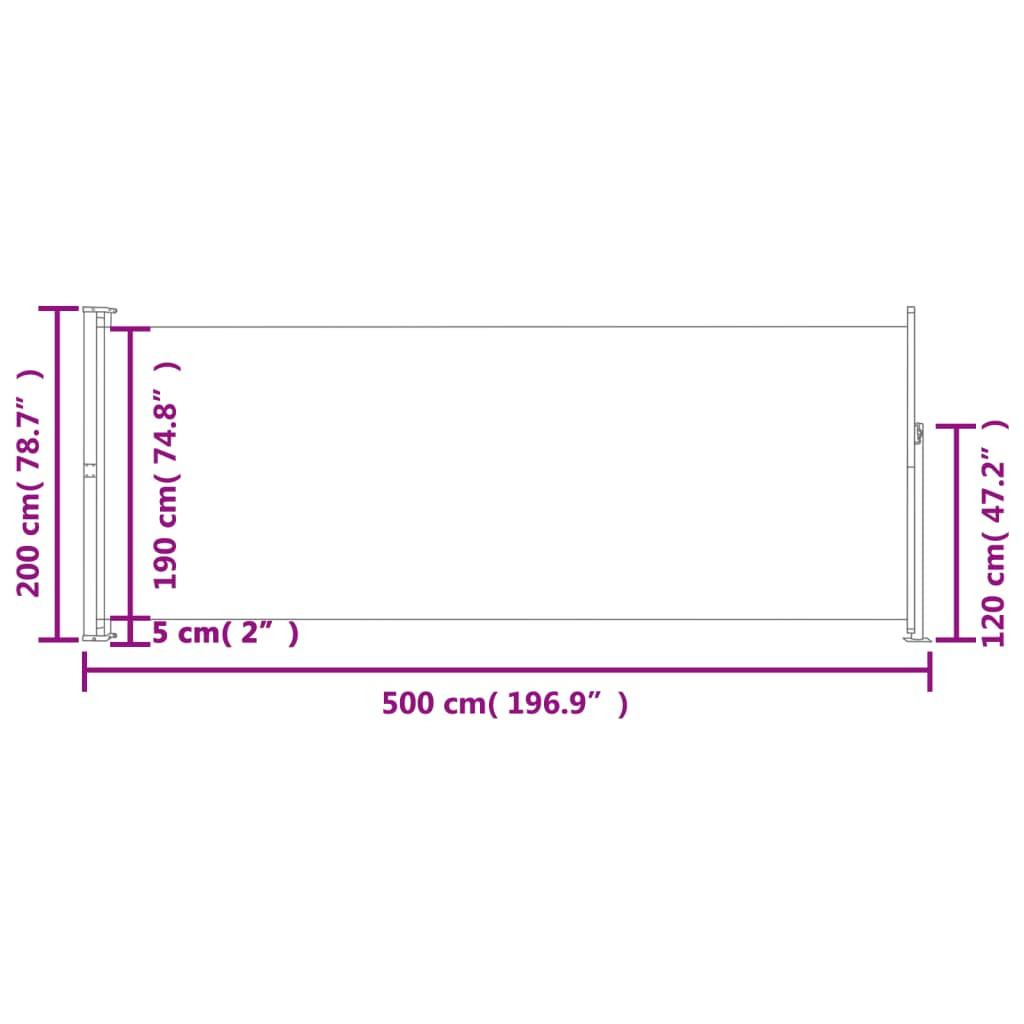 Toldo lateral retrátil para pátio 200x500 cm cinzento