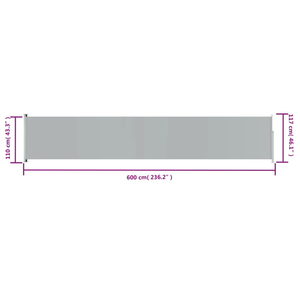 Toldo lateral retrátil para pátio 117x600 cm cinzento