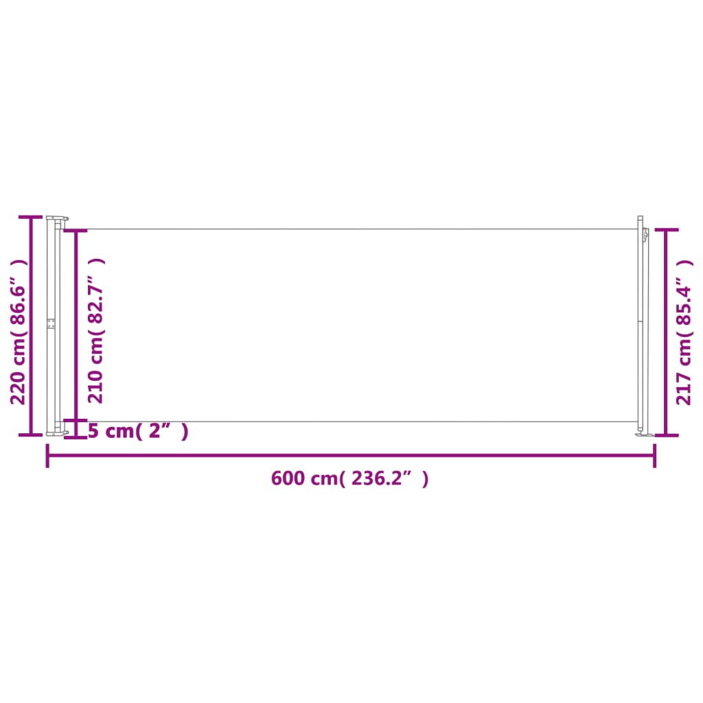 Toldo lateral retrátil para pátio 220x600 cm preto