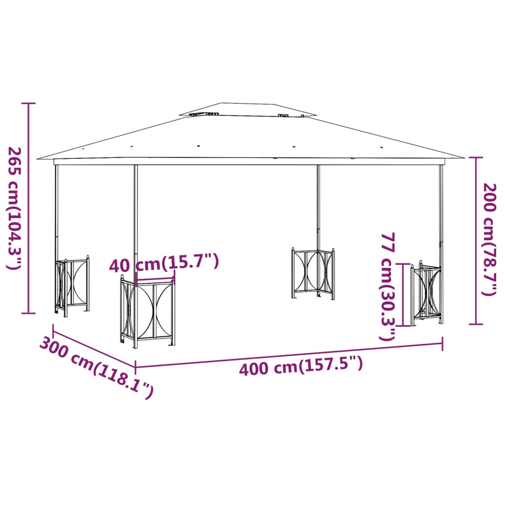 Gazebo com paredes laterais e telhado duplo 3x4 m cor antracite