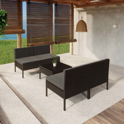 5 pcs conjunto lounge de jardim c/ almofadões vime PE preto