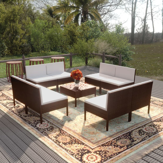 9 pcs conjunto lounge jardim c/ almofadões vime PE castanho