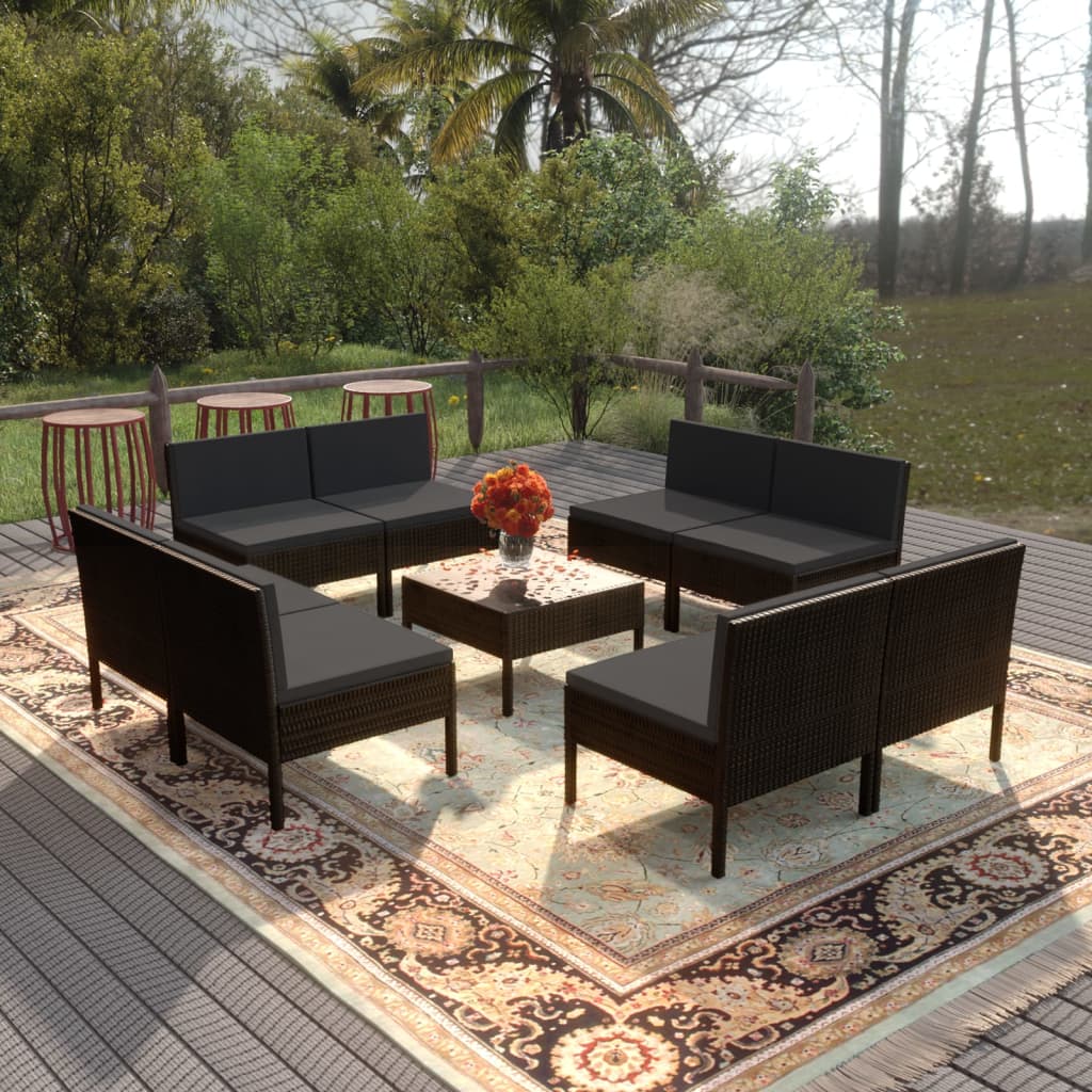 9 pcs conjunto lounge de jardim c/ almofadões vime PE preto