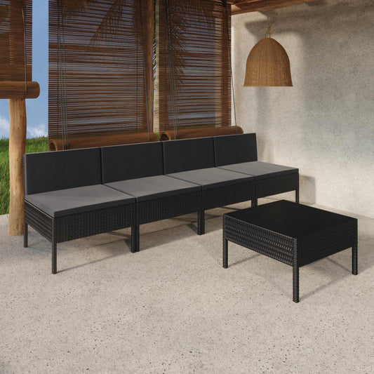 5 pcs conjunto lounge de jardim c/ almofadões vime PE preto