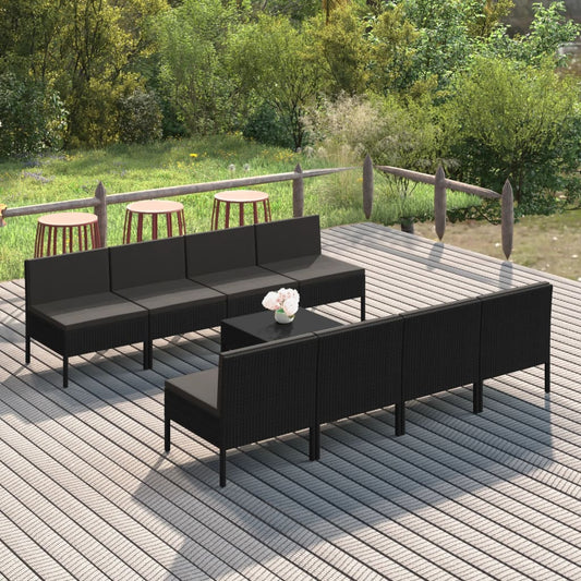 9 pcs conjunto lounge de jardim c/ almofadões vime PE preto