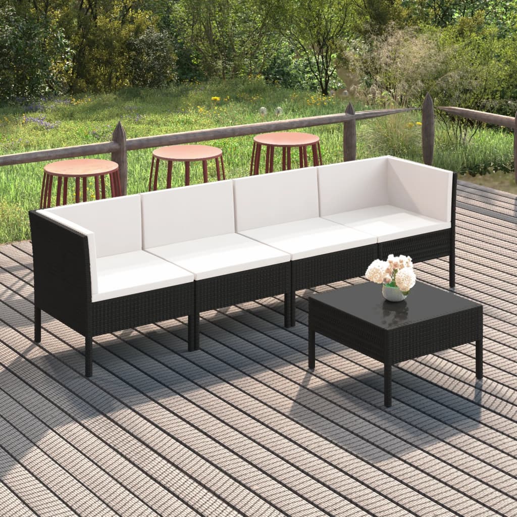 5 pcs conjunto lounge de jardim c/ almofadões vime PE preto