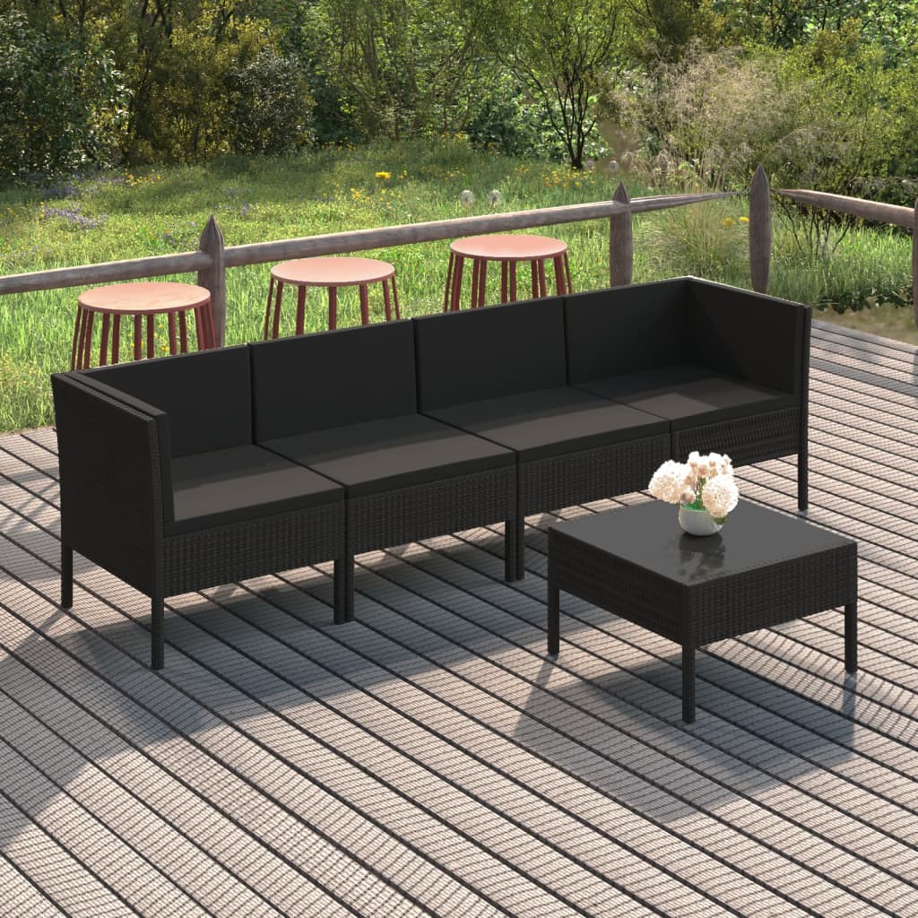 5 pcs conjunto lounge de jardim c/ almofadões vime PE preto