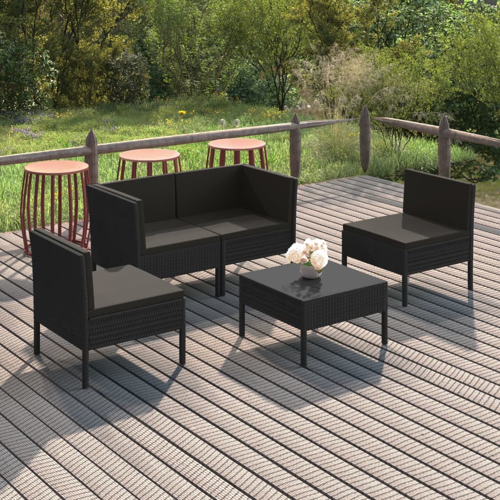 5 pcs conjunto lounge de jardim c/ almofadões vime PE preto