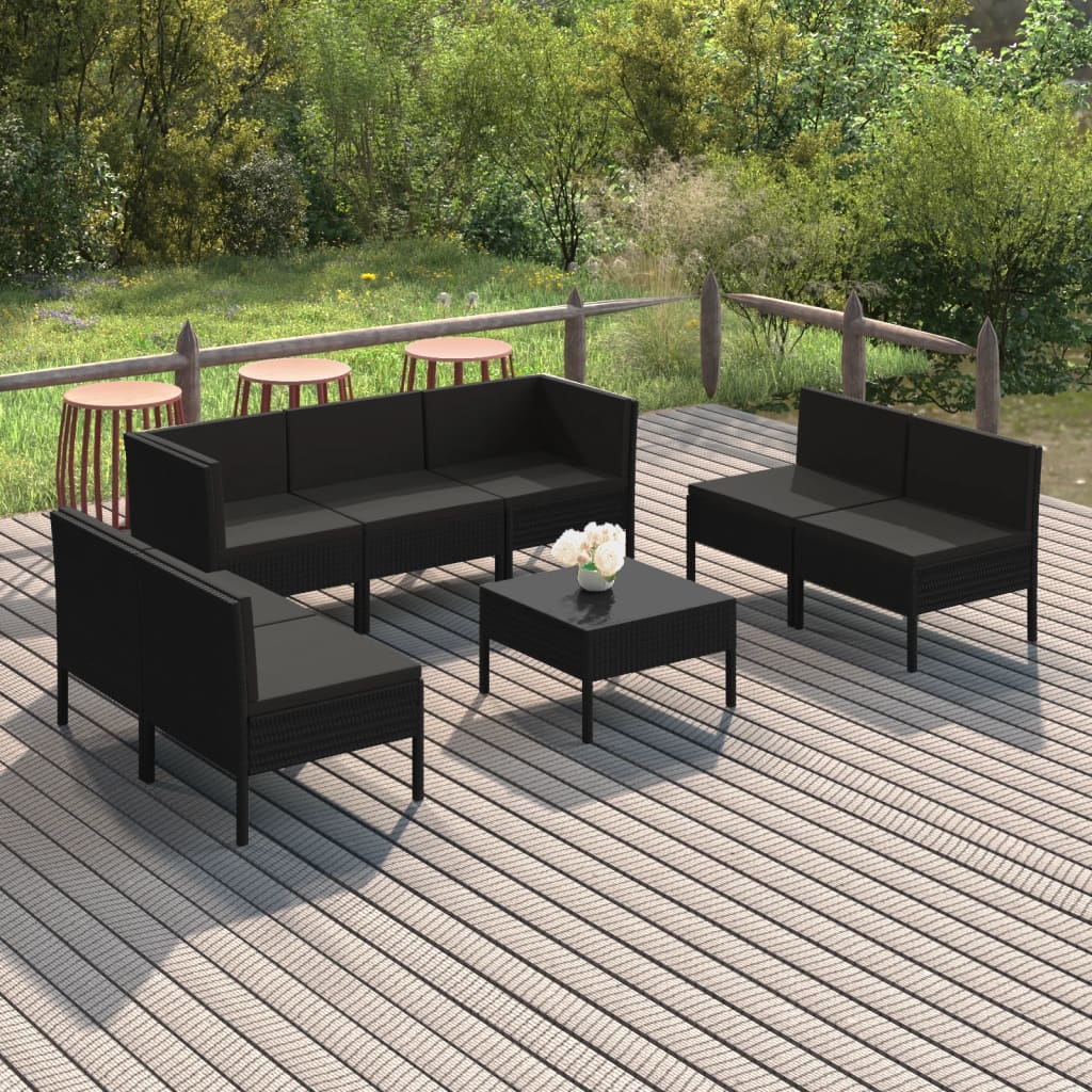 8 pcs conjunto lounge de jardim c/ almofadões vime PE preto