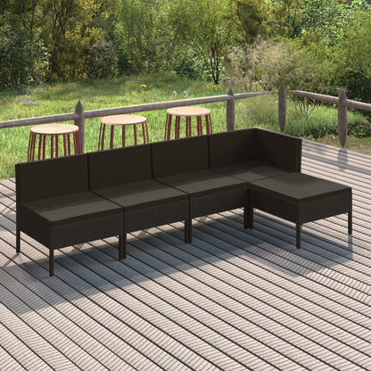 5 pcs conjunto lounge de jardim c/ almofadões vime PE preto