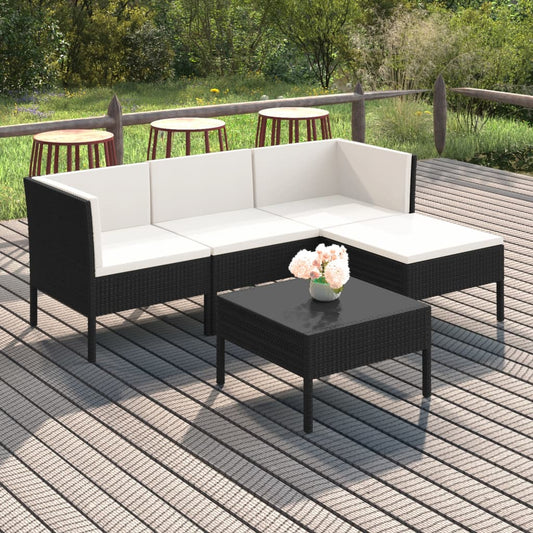 5 pcs conjunto lounge de jardim c/ almofadões vime PE preto