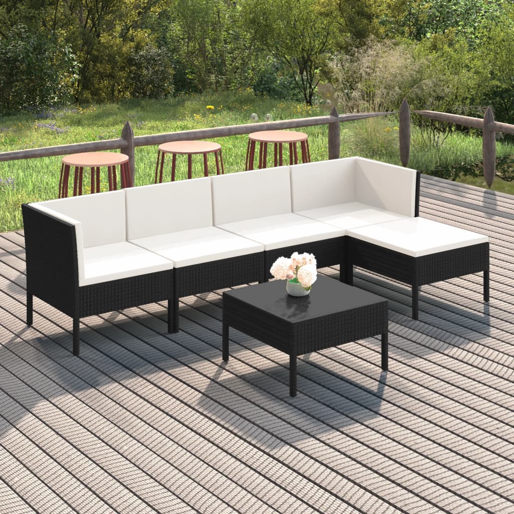 6 pcs conjunto lounge de jardim c/ almofadões vime PE preto