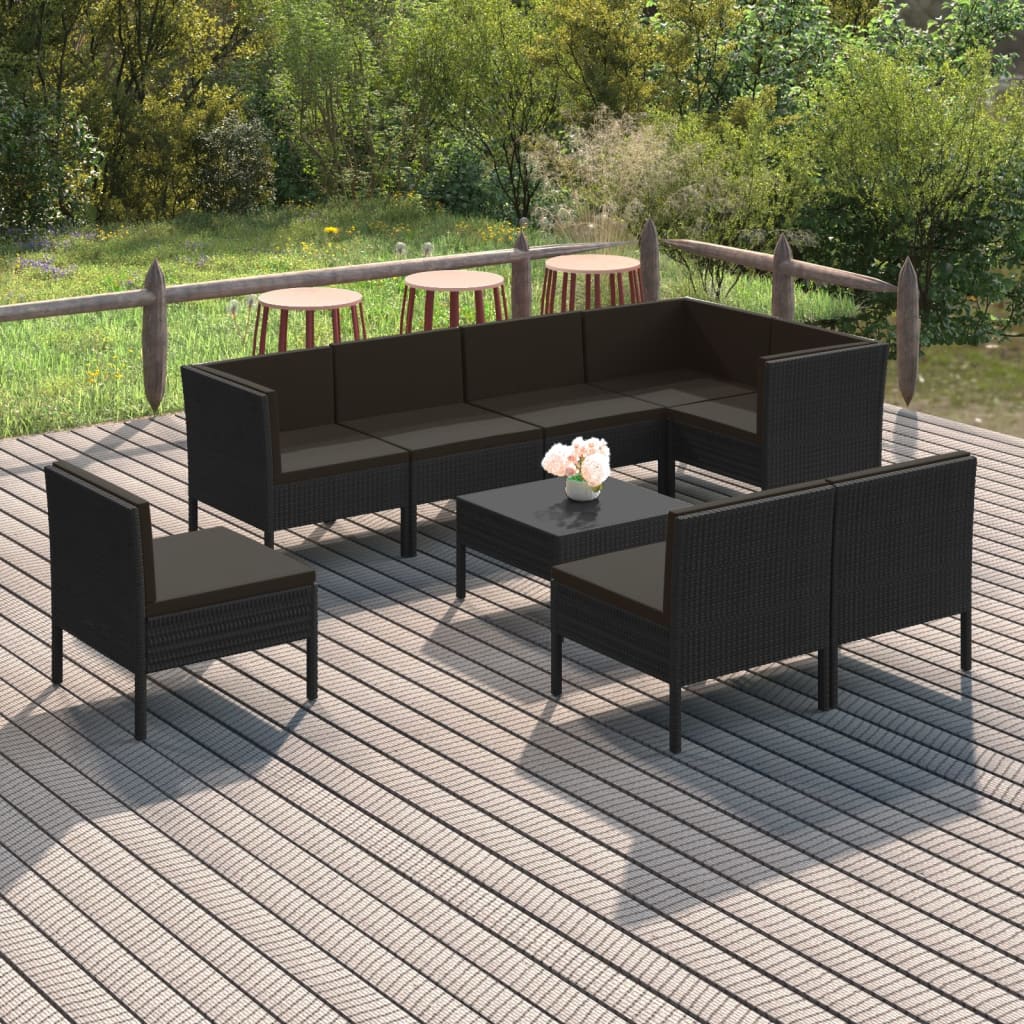 9 pcs conjunto lounge de jardim c/ almofadões vime PE preto