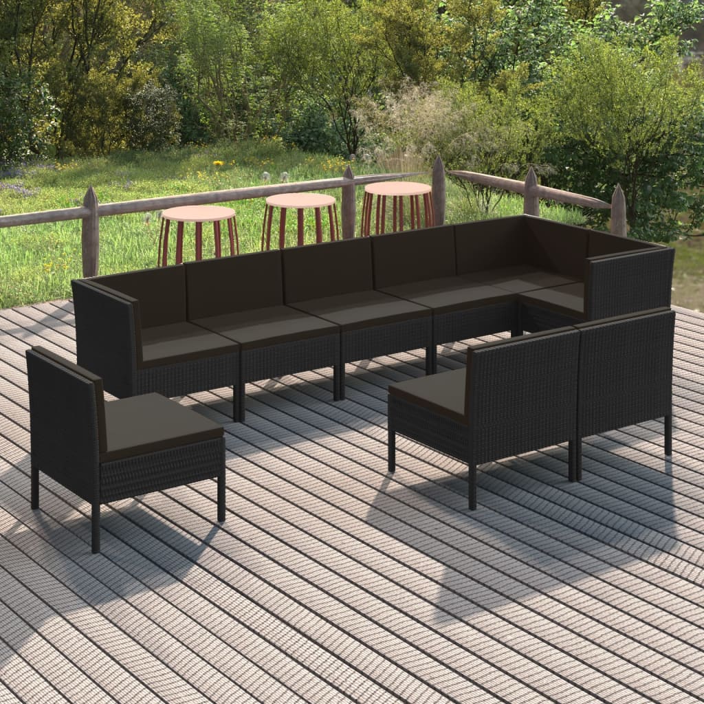 9 pcs conjunto lounge de jardim c/ almofadões vime PE preto