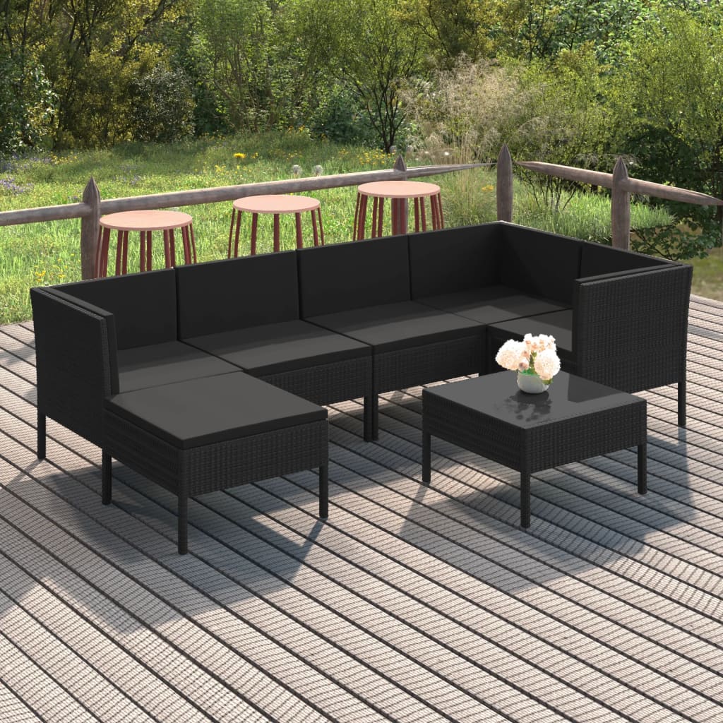 7 pcs conjunto lounge de jardim c/ almofadões vime PE preto