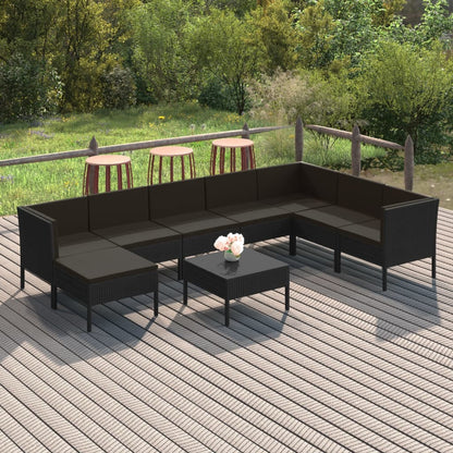 9 pcs conjunto lounge de jardim c/ almofadões vime PE preto