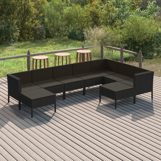 9 pcs conjunto lounge de jardim c/ almofadões vime PE preto