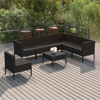 8 pcs conjunto lounge de jardim c/ almofadões vime PE preto