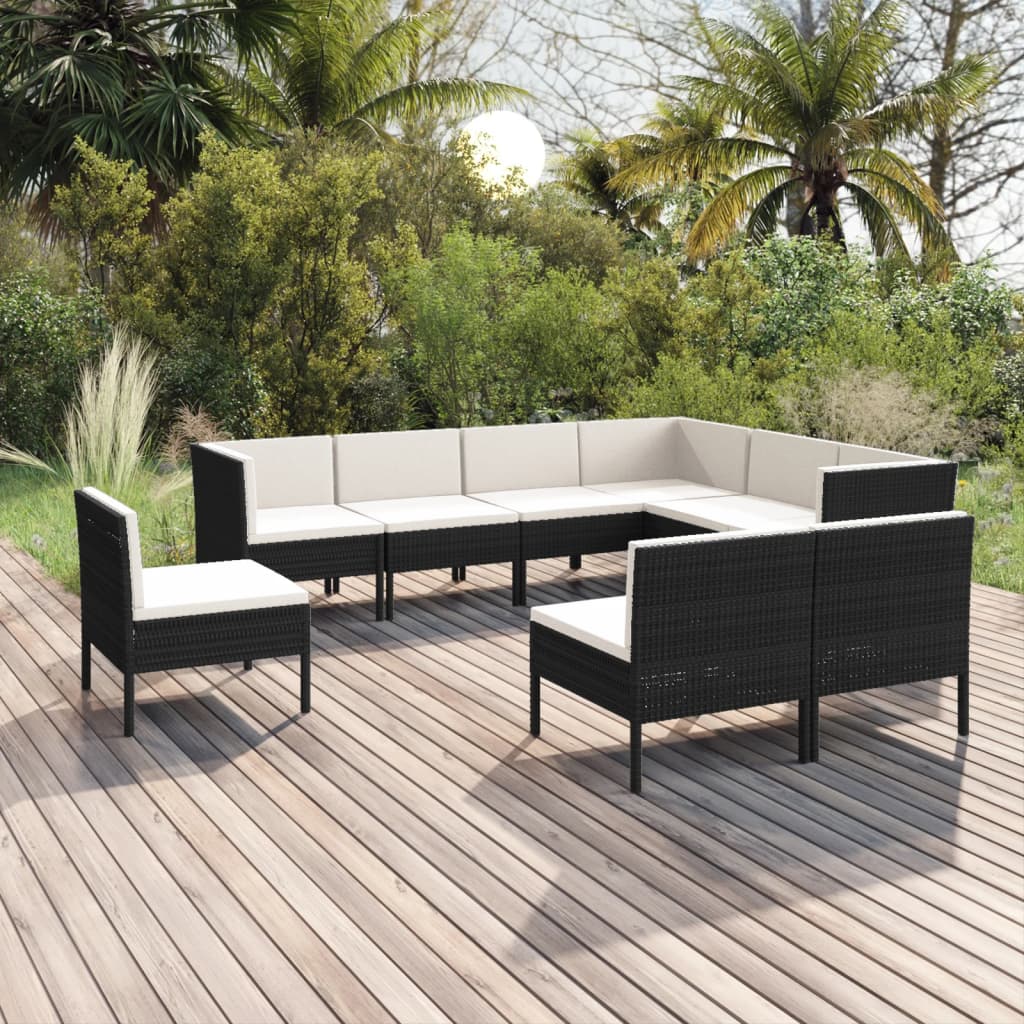 9 pcs conjunto lounge de jardim c/ almofadões vime PE preto