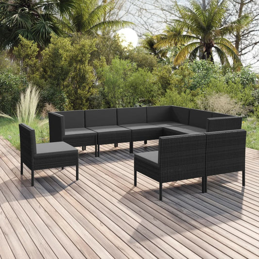 9 pcs conjunto lounge de jardim c/ almofadões vime PE preto