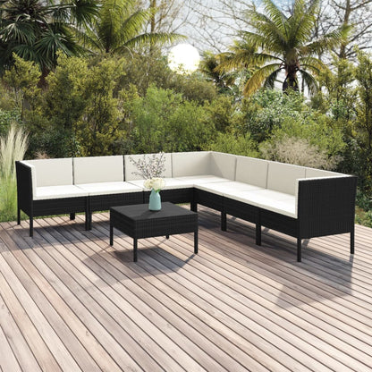 8 pcs conjunto lounge de jardim c/ almofadões vime PE preto