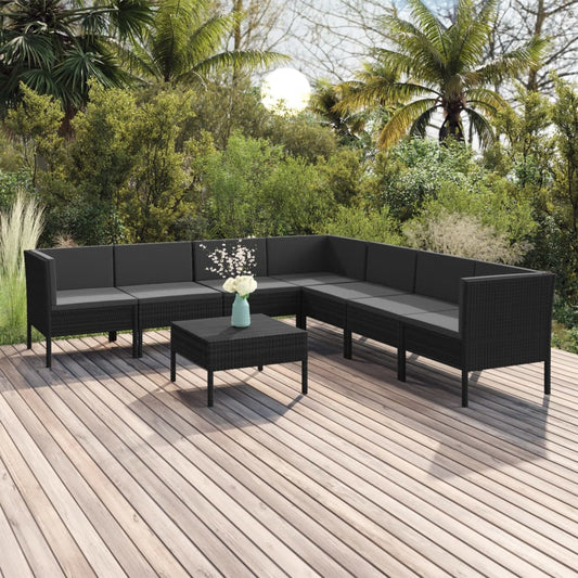 8 pcs conjunto lounge de jardim c/ almofadões vime PE preto