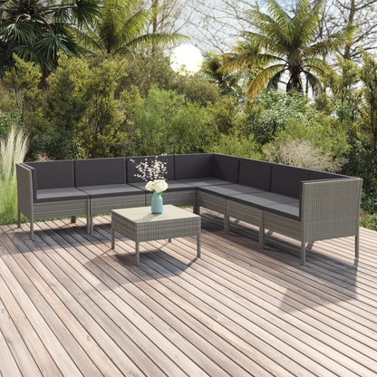 8 pcs conjunto lounge de jardim c/ almofadões vime PE cinzento