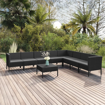 9 pcs conjunto lounge de jardim c/ almofadões vime PE preto