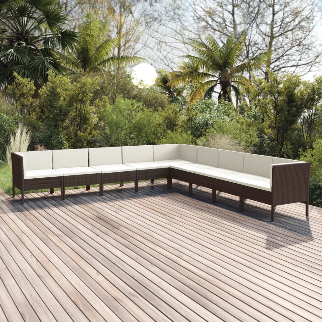 9 pcs conjunto lounge jardim c/ almofadões vime PE castanho