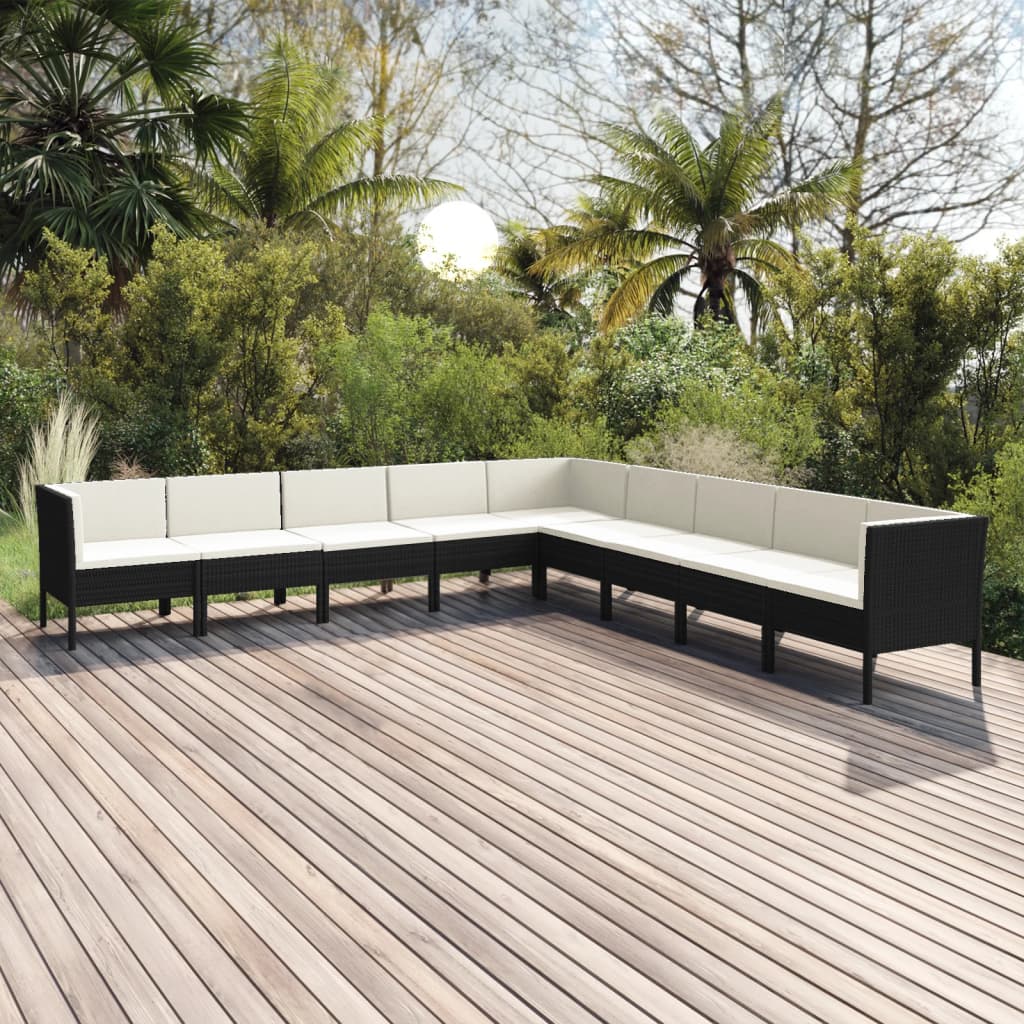 9 pcs conjunto lounge de jardim c/ almofadões vime PE preto