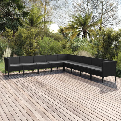 9 pcs conjunto lounge de jardim c/ almofadões vime PE preto